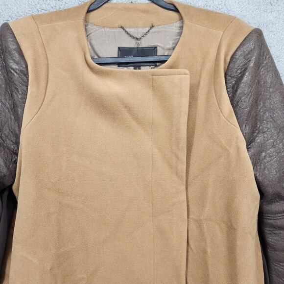 BCBGMAXAZRIA Womens Size Large Long Camel Coat With Brown Faux Leather Sleeves - Picture 5 of 13